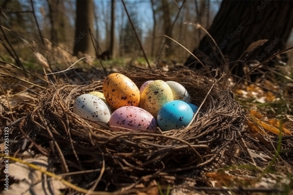 easter eggs in an easter basket outside in the garden. Generative AI easter eggs in an easter basket outside in the garden. Generative AI
