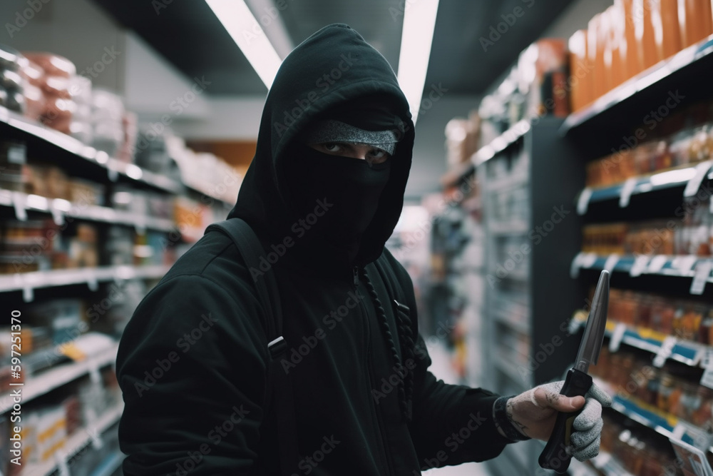 a robber or mugger with a knife, man in a supermarket, masked and evil intentions. Generative AI a robber or mugger with a knife, man in a supermarket, masked and evil intentions. Generative AI