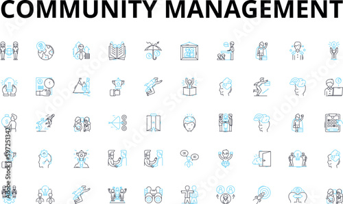 Community management linear icons set. Engage, Empower, Connect, Build, Advocate, Facilitate, Nurture vector symbols and line concept signs. Communicate,Moderate,Inspire illustration Generative AI