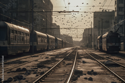 abandoned ruins-like cityscape and train tracks with parked trains, deserted. Generative AI