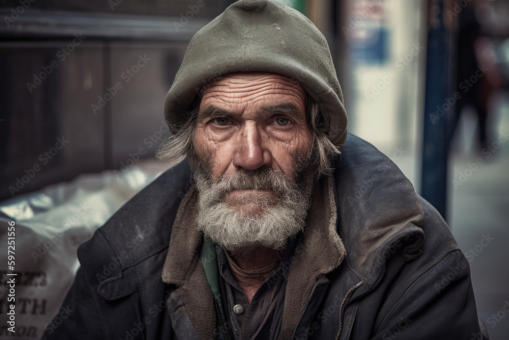 Portrait of homeless man, close up. Tramp on city street. Bearded, wrinkled man. Social inequality. Created with Generative AI Portrait of homeless man, close up. Tramp on city street. Bearded, wrinkled man. Social inequality. Created with Generative AI