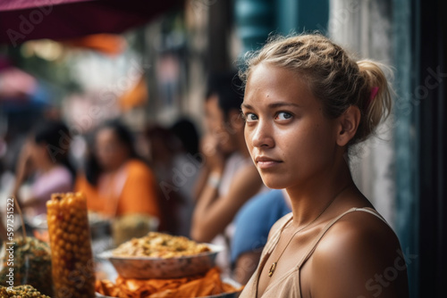 street vendor is a vendor of snacks in an asian country  local vendor with dyed hair  fictional place. Generative AI