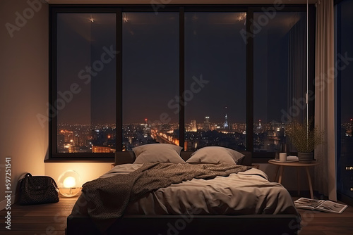 Luxury apartment bedroom interior. Large bed in living room with night city view in window. Hotel bedchamber. Created with Generative AI