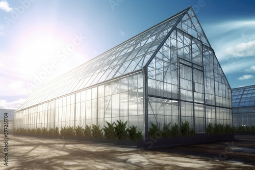 Plants in greenhouse. Growing organic products in modern greenhouse. Created with Generative AI © Lazy_Bear