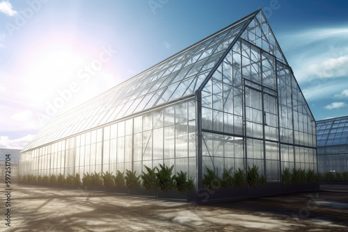 Plants in greenhouse. Growing organic products in modern greenhouse. Created with Generative AI