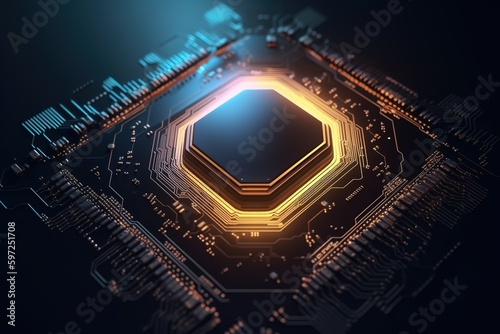 Futuristic microchip processor. Quantum computer, big data processing, database concept. Development of technologies of the future CPU and microprocessors for machine learning, ai