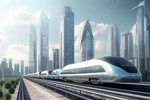 Futuristic public transport. Modern high speed train in city. Technological transport in the future. Created with Generative AIgh speed train in city. Generative AI © Lazy_Bear