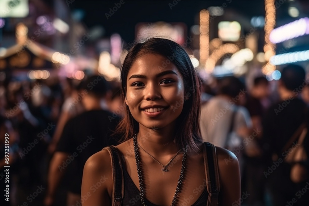 young asian woman or teenager outdoors in typical nightlife in a city with many local people in the market, fictional place. Generative AI young asian woman or teenager outdoors in typical nightlife in a city with many local people in the market, fictional place. Generative AI