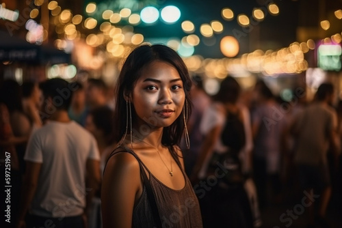 young adult asian or indonesian woman,m fictional place, in the middle of night life with many local people and tourists in tourist area, night life and night market. Generative AI
