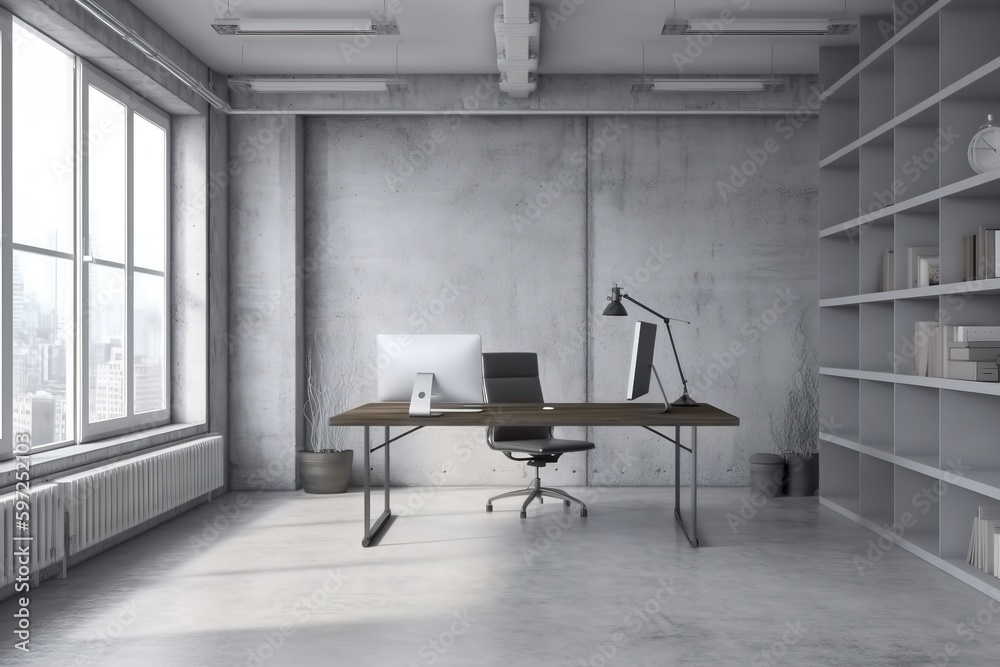 office interior mockup with office desk and bookshelf Stock