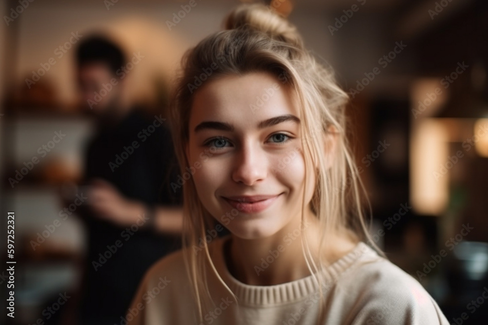 young adult woman or teenage girl smiling happy and having fun, fictional place like in kitchen with family. Generative AI