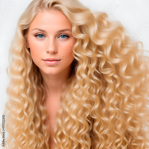 Blonde girl with long and shiny wavy hair on white background. Beautiful model with curly hairstyle. Generative AI.