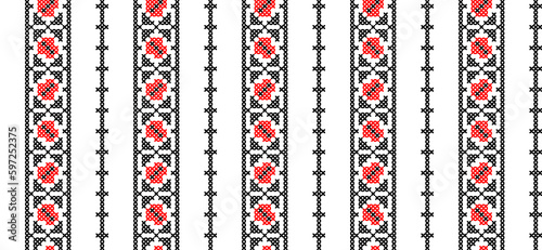 Ukrainian modern striped pattern. Vector seamless pattern for textile, fabric, cloth. Modern ukrainian folk, ethnic ornament in red and black. Pixel art, vyshyvanka, cross stitch