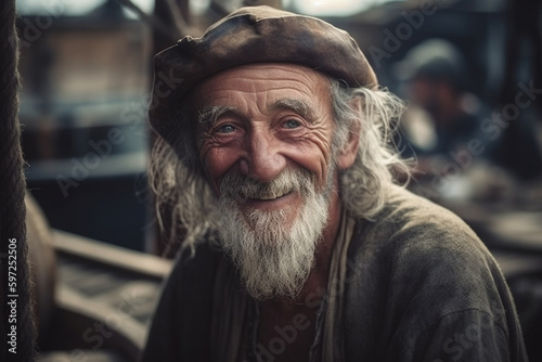 an old pirate is happy and smiling  old man on a pirate ship. Generative AI
