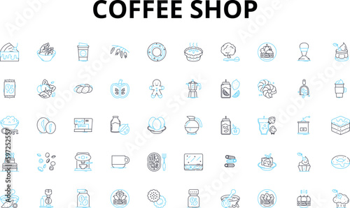 Coffee shop linear icons set. Aromatic, Roasted, Inviting, Relaxing, Caffeine, Frothy, Creamy vector symbols and line concept signs. Latte,Espresso,Cappuccino illustration Generative AI