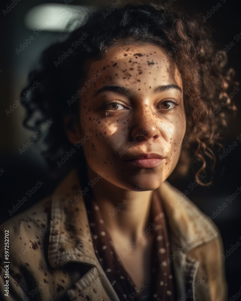 AI generated portrait of woman with freckles or acne on skin AI generated portrait of woman with freckles or acne on skin