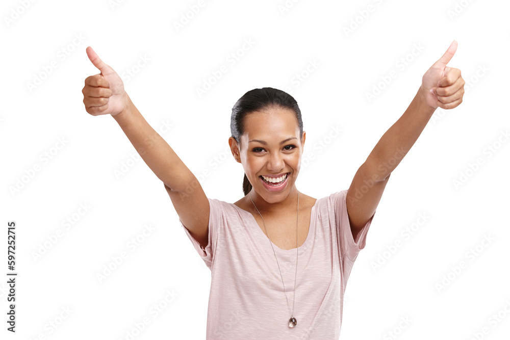 Portrait, thumbs up and motivation from a happy woman for success isolated on transparent png background. Yes, hands and support with a young female winner giving a like for review or feedback Portrait, thumbs up and motivation from a happy woman for success isolated on transparent png background. Yes, hands and support with a young female winner giving a like for review or feedback