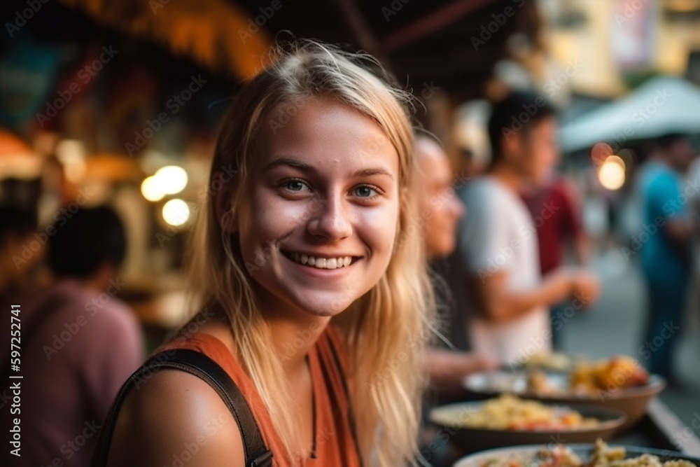 young tourist woman or teenager outdoors in typical nightlife in a city with many local people in the market, fictional place. Generative AI young tourist woman or teenager outdoors in typical nightlife in a city with many local people in the market, fictional place. Generative AI