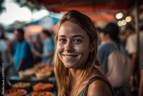 young adult woman is happy, fictional place. Generative AI © wetzkaz