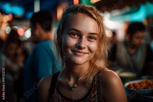 young adult woman is happy, fictional place. Generative AI © wetzkaz