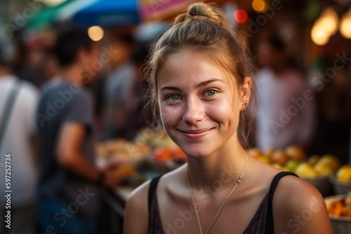 young tourist woman or teenager outdoors in typical nightlife in a city with many local people in the market  fictional place. Generative AI