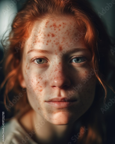AI generated portrait of woman with freckles or acne on skin