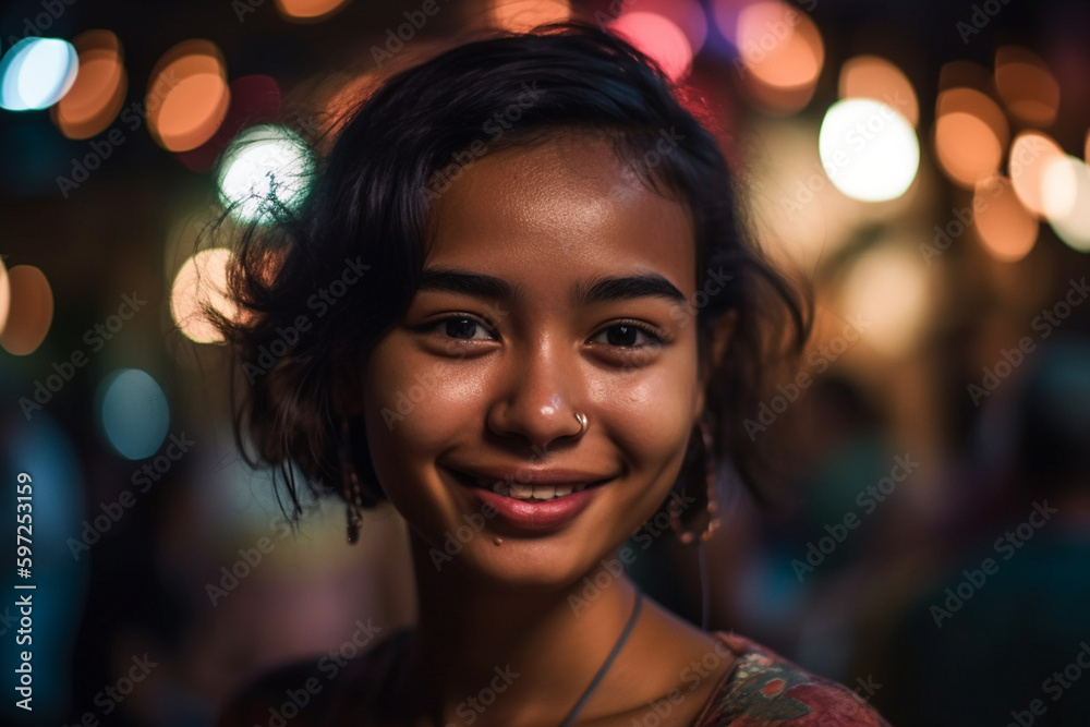 young girl teen outdoors in a busy place, fictitious location. Generative AI young girl teen outdoors in a busy place, fictitious location. Generative AI