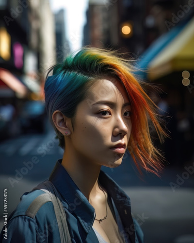 AI generated portrait of woman with colorful hair © DyrElena