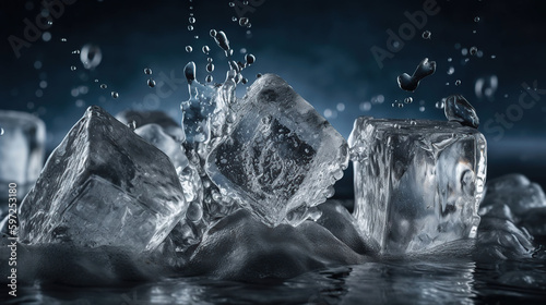 Ice cubes with water drops scattered on a dark background, generative ai