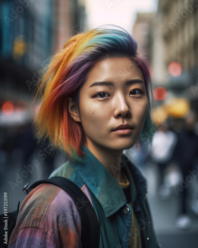 AI generated portrait of woman with colorful hair © DyrElena