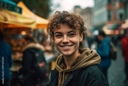 Wallpaper Mural young tourist woman or teenager outdoors in typical nightlife in a city with many local people in the market, fictional place. Generative AI Torontodigital.ca