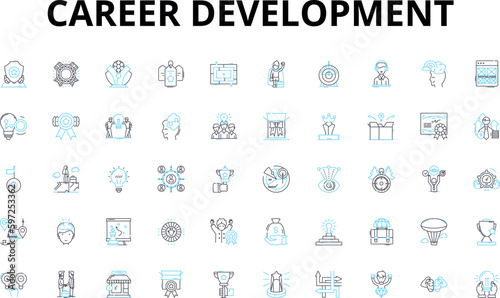 Career development linear icons set. Progression, Advancement, Learning, Growth, Satisfaction, Skills, Aspiration vector symbols and line concept signs. Achievement,Development,Success illustration