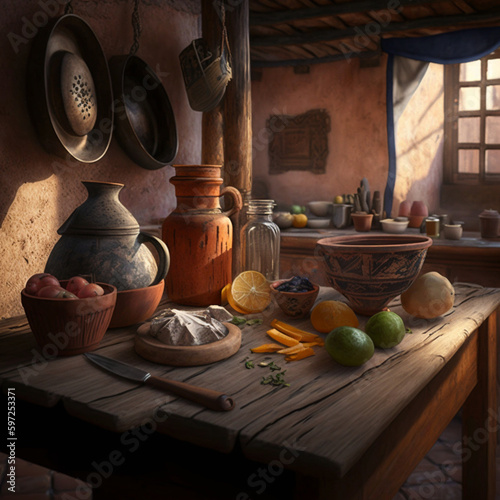 Hyperrealistic kitchen Mexico wood ancient food morning , generative ai