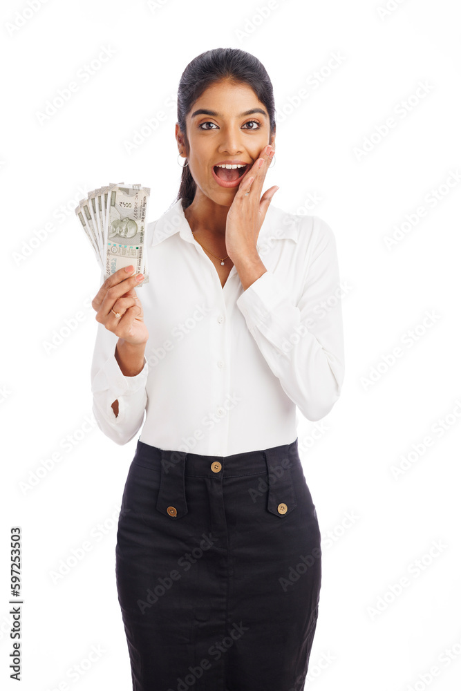 Surprised young business woman with Indian currency isolated on white. Surprised young business woman with Indian currency isolated on white.
