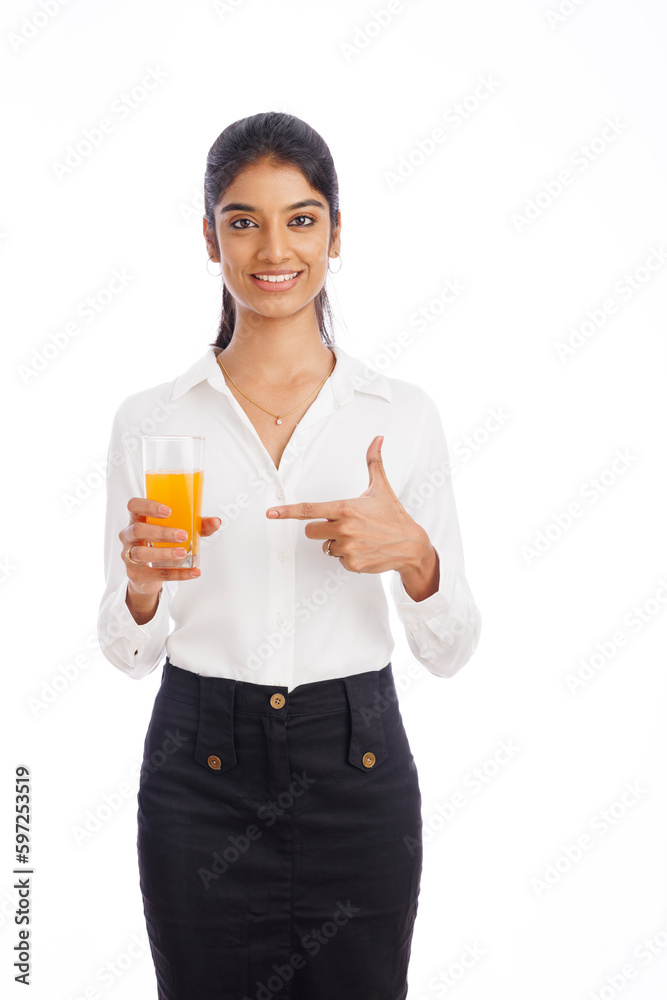 Young business woman with healthy orange juice isolated on white, health care concept. Young business woman with healthy orange juice isolated on white, health care concept.