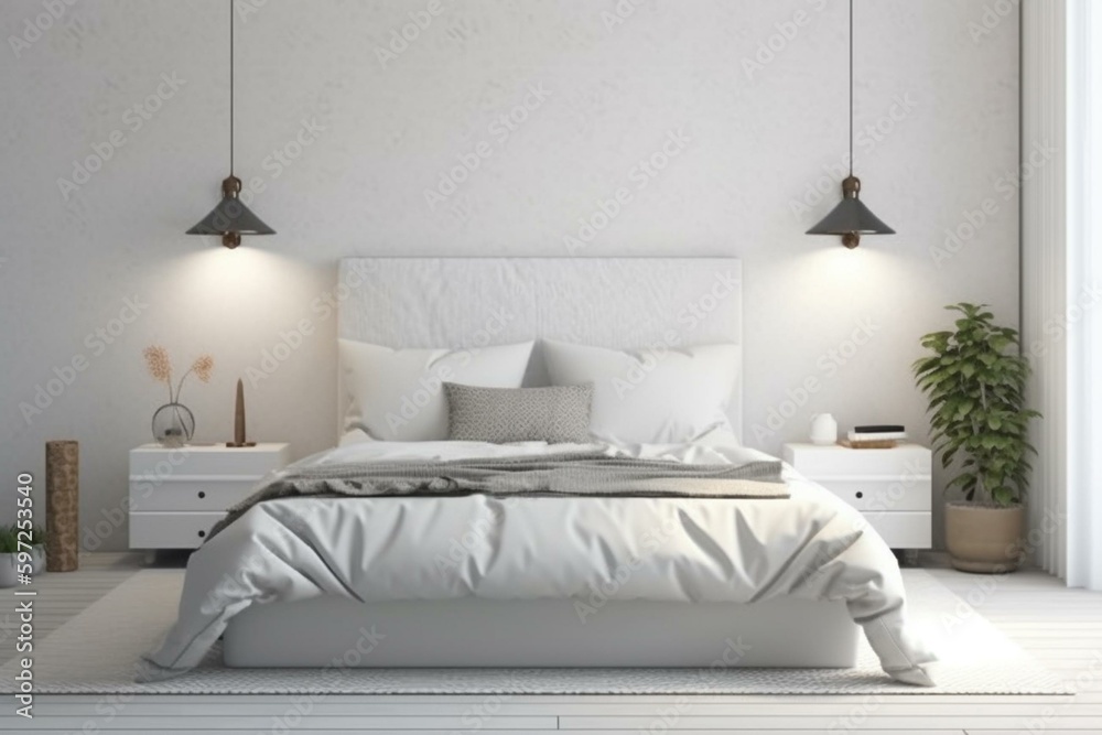 3D rendered white bedroom interior for creating mockups. Generative AI