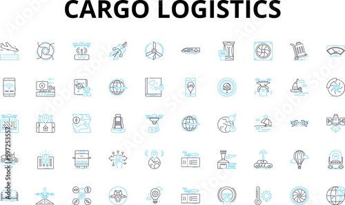 Cargo logistics linear icons set. Freight, Shipping, Transport, Supply chain, Warehouse, Distribution, Inventory vector symbols and line concept signs. Logistics,Carrier,Trucking illustration