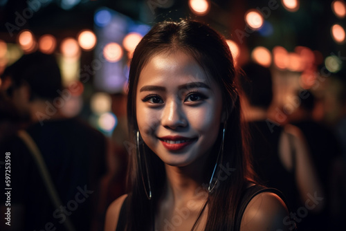 young asian woman or teenager outdoors in typical nightlife in a city with many local people in the market, fictional place. Generative AI