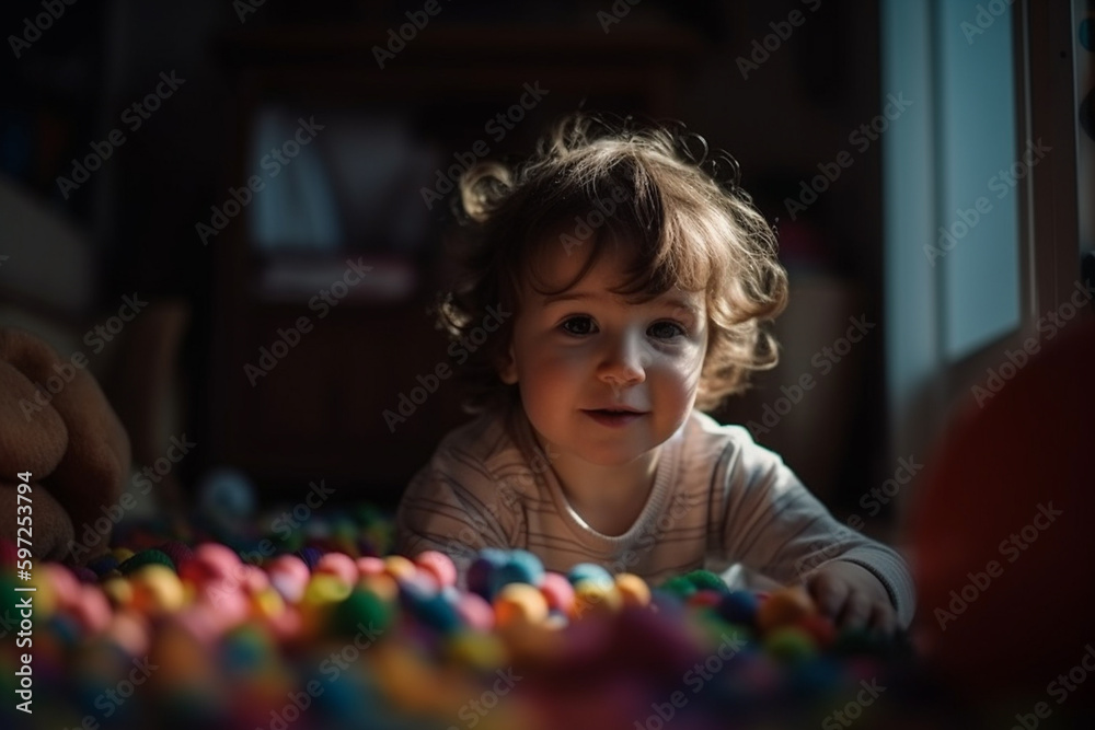 Fototapeta premium child kid girl in her room playing with mass of toys. Generative AI