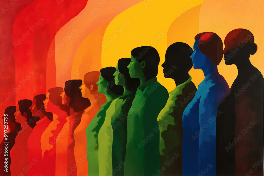 color silhouettes profiles of people. image on a rainbow background, diversity concept. Generative AI