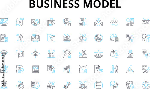 Business model linear icons set. Innovation, Disruption, Revenue, Scalability, Sustainability, Efficiency, Customer vector symbols and line concept signs. Generative AI