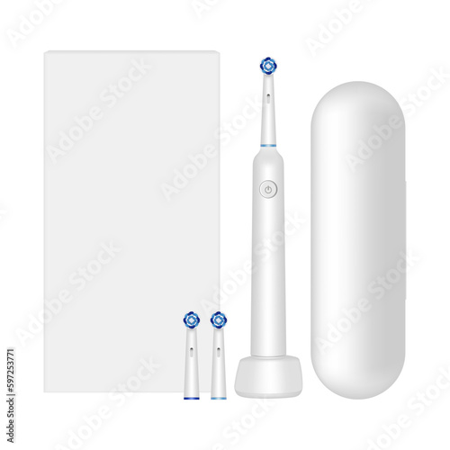 White Electric Toothbrush With Charger, Brush Heads, Case and Packaging Box. Vector Illustration