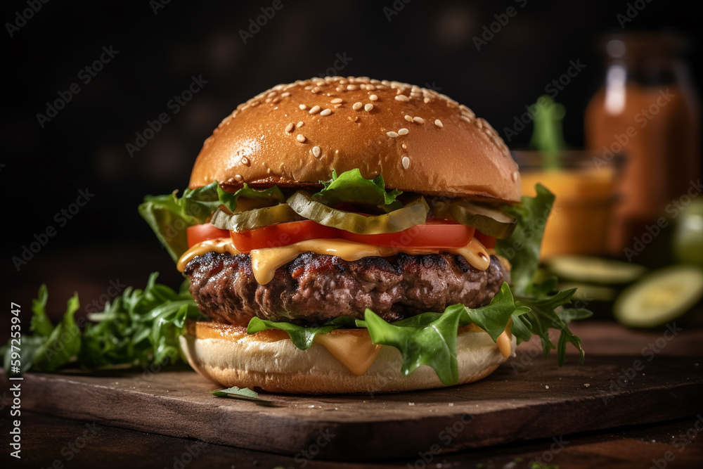close-up hamburger with salad and meat. Generative AI close-up hamburger with salad and meat. Generative AI