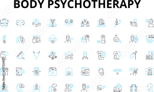 Body psychotherapy linear icons set. Embodiment, Movement, Sensation, Breathwork, Mindfulness, Bioenergetics, Interoception vector symbols and line concept signs. Generative AI photo