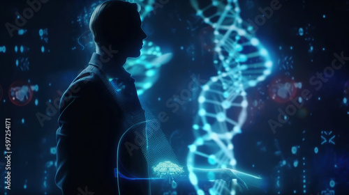 Medicine doctor holding blue helix DNA structure on hologram modern virtual screen interface and diagnose healthcare on digital network, Science, Medical technology, futuristic concept, generative ai