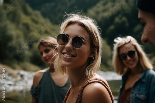 young happy adult woman or teenager with her friends at the river outdoor in nature, fictitious location. Generative AI © wetzkaz