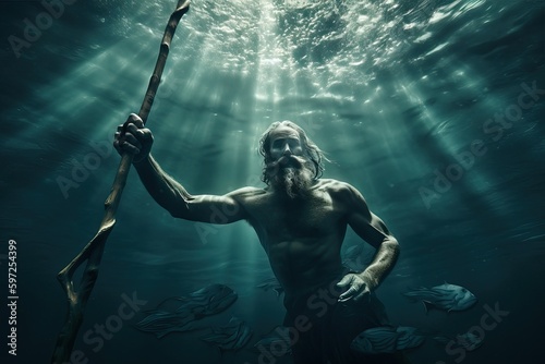 Neptune is the god of the underwater sea, Poseidon is the mythical god of water, generative AI.