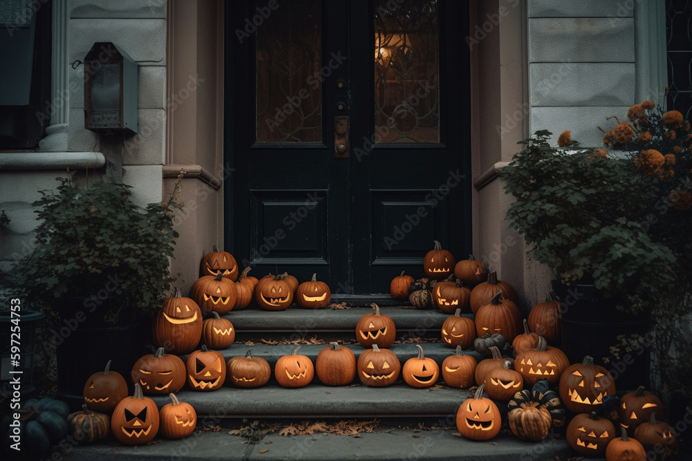 Obraz premium halloween pumpkins on the stairs at the entrance of a private house, apartment decorated on halloween. Generative AI