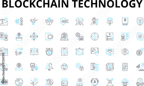 Blockchain technology linear icons set. Cryptography, Decentralization, Peer-to-peer, Immutable, Trustless, Consensus, Transparency vector symbols and line concept signs. Smart Generative AI