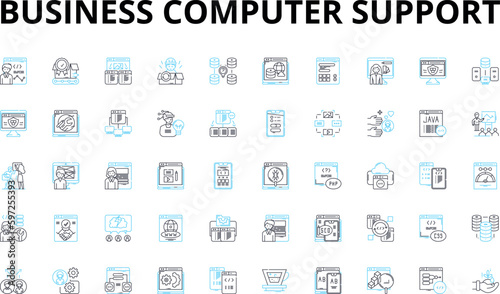 Business computer support linear icons set. Hardware, Software, Nerking, IT, Security, Maintenance, Troubleshooting vector symbols and line concept signs. Helpdesk,Backup,Recovery Generative AI